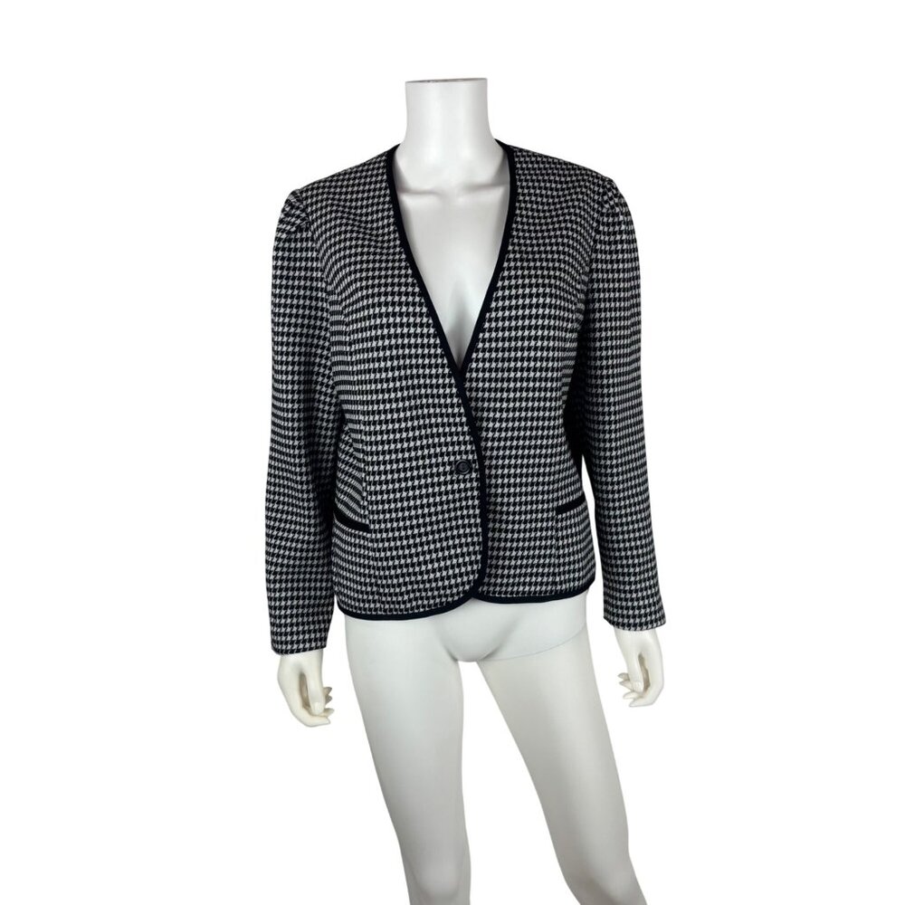 Vintage 80s Houndstooth Blazer Womens Large Black & White Single Button Jacket - Picture 1 of 8